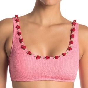 Betsey Johnson Pink Ribbed Scrunch Knit Rosette Bikini Top